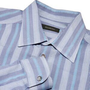 Ermenegildo Zegna‎ XXL Stripe Blue & Gray Cotton/Silk Mens Button-Up Shirt